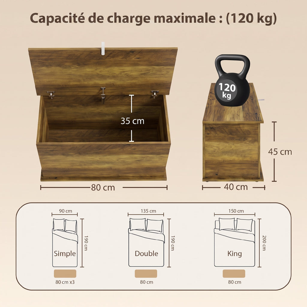 Coffre de Rangement, Banc de Rangement avec Couvercle Rabattable et Charnières de Sécurité, 80 x 40 x 45 cm, Marron-2