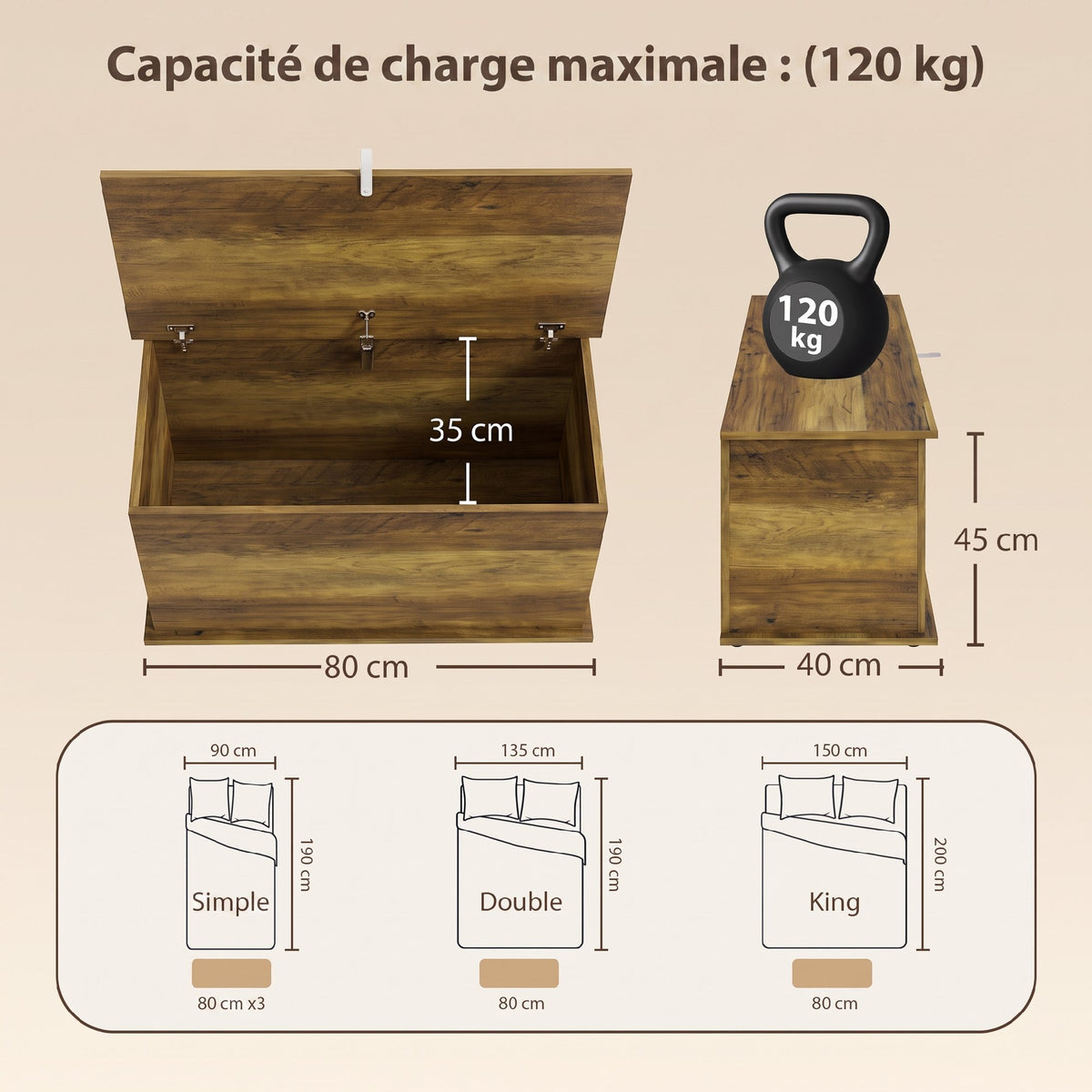 Coffre de Rangement, Banc de Rangement avec Couvercle Rabattable et Charnières de Sécurité, 80 x 40 x 45 cm, Marron-2