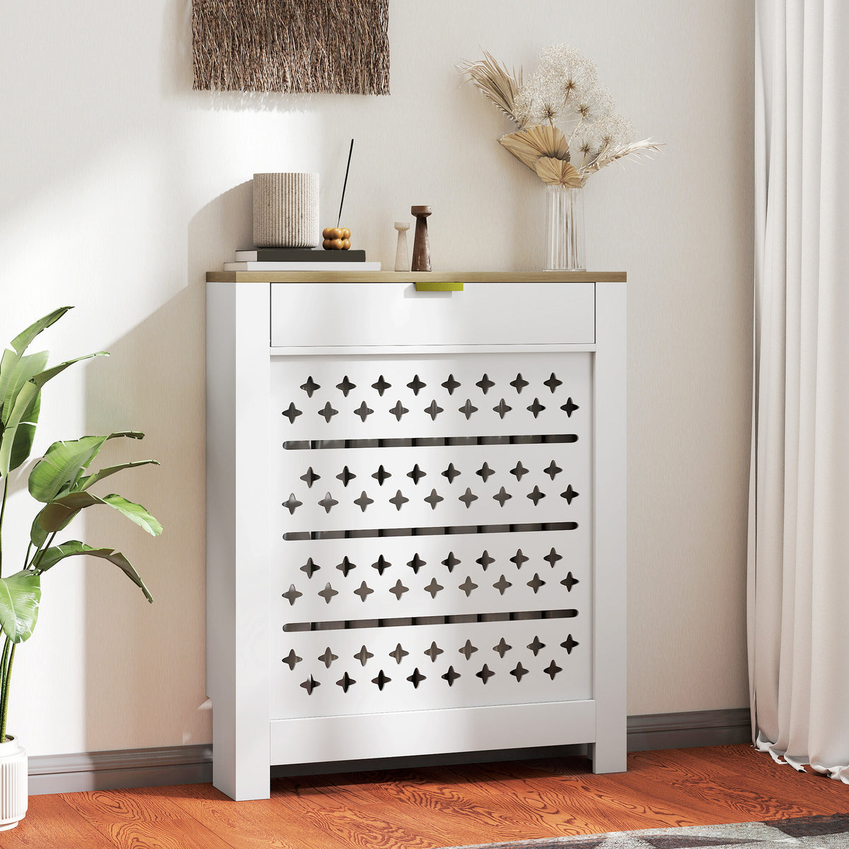 Couvercle de radiateur, cache radiateur avec placard rabattable et étagère supérieur, 78 x 19 x 95,5 cm, blanc-9
