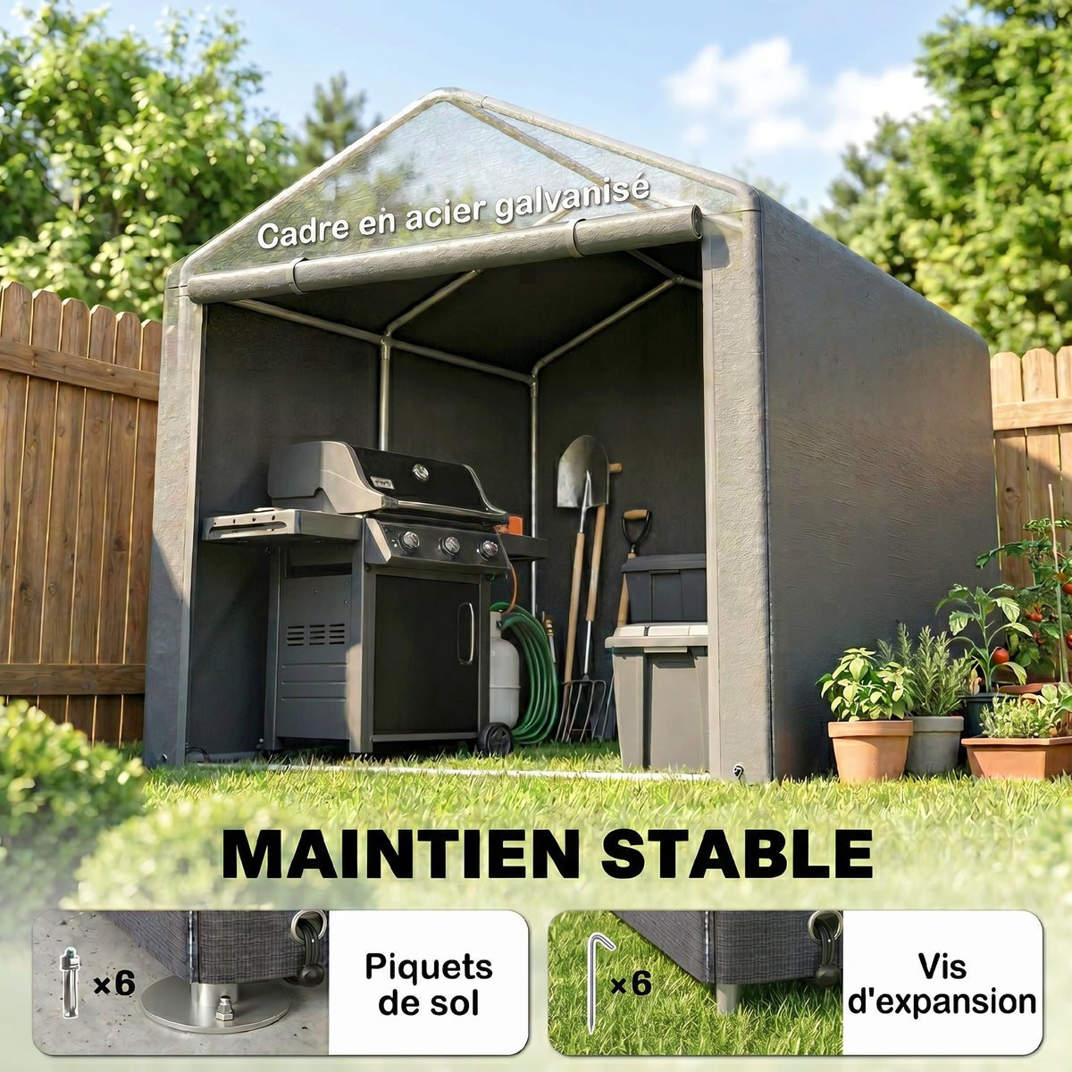 Abri de jardin tente de stockage imperméable abri moto porte enroulable fermeture éclair, 160 x 218 x 172 cm, gris clair-4