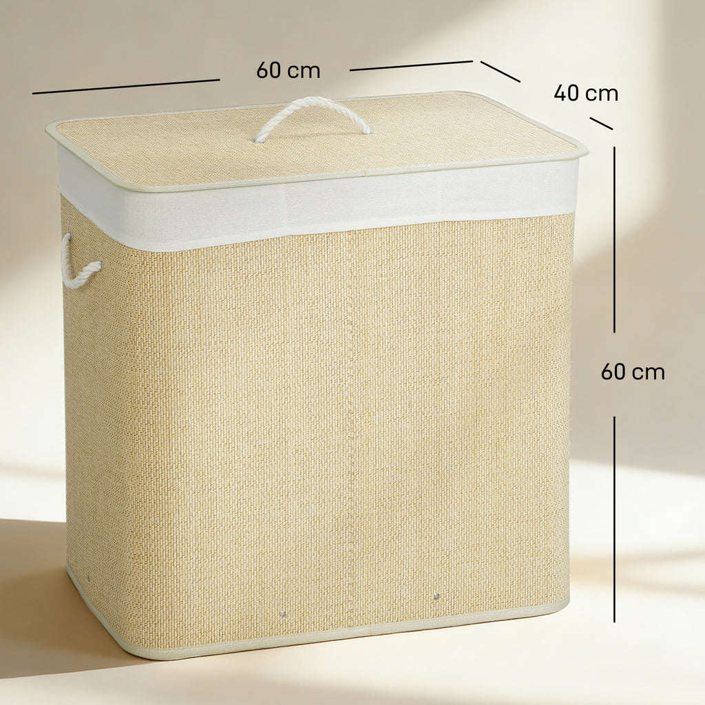 Panier à linge à trois compartiments avec couvercle, panier à linge en bambou 144 L avec poignées en corde-2