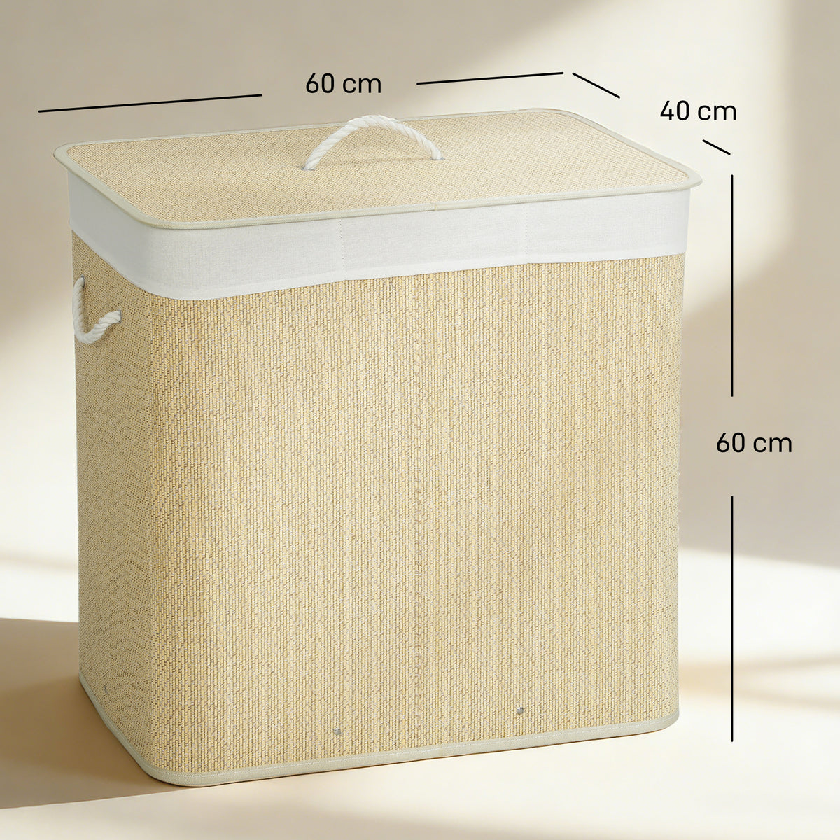 Panier à linge à trois compartiments avec couvercle, panier à linge en bambou 144 L avec poignées en corde-2