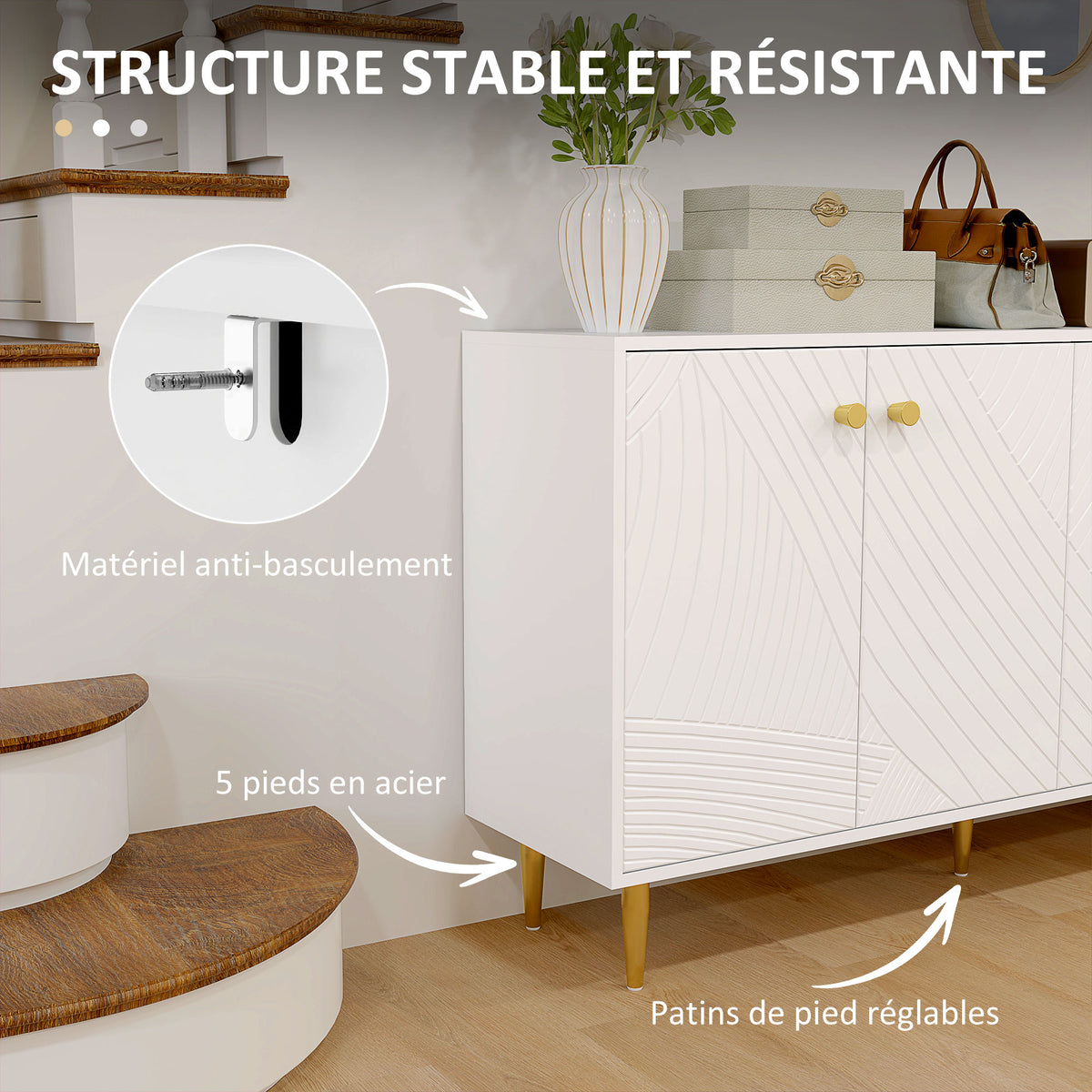 Buffet salon meuble de rangement avec étagères réglables, placards à portes, 140 x 35 x 77,5 cm, blanc-6