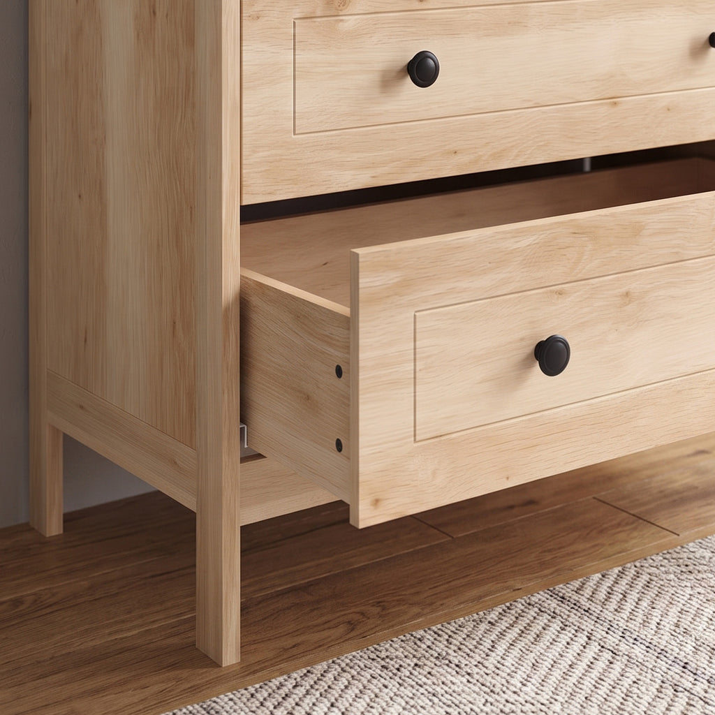 Commode meuble de rangement 5 tiroirs pour chambre, bureau, entrée, chêne et poignée métal noir-9