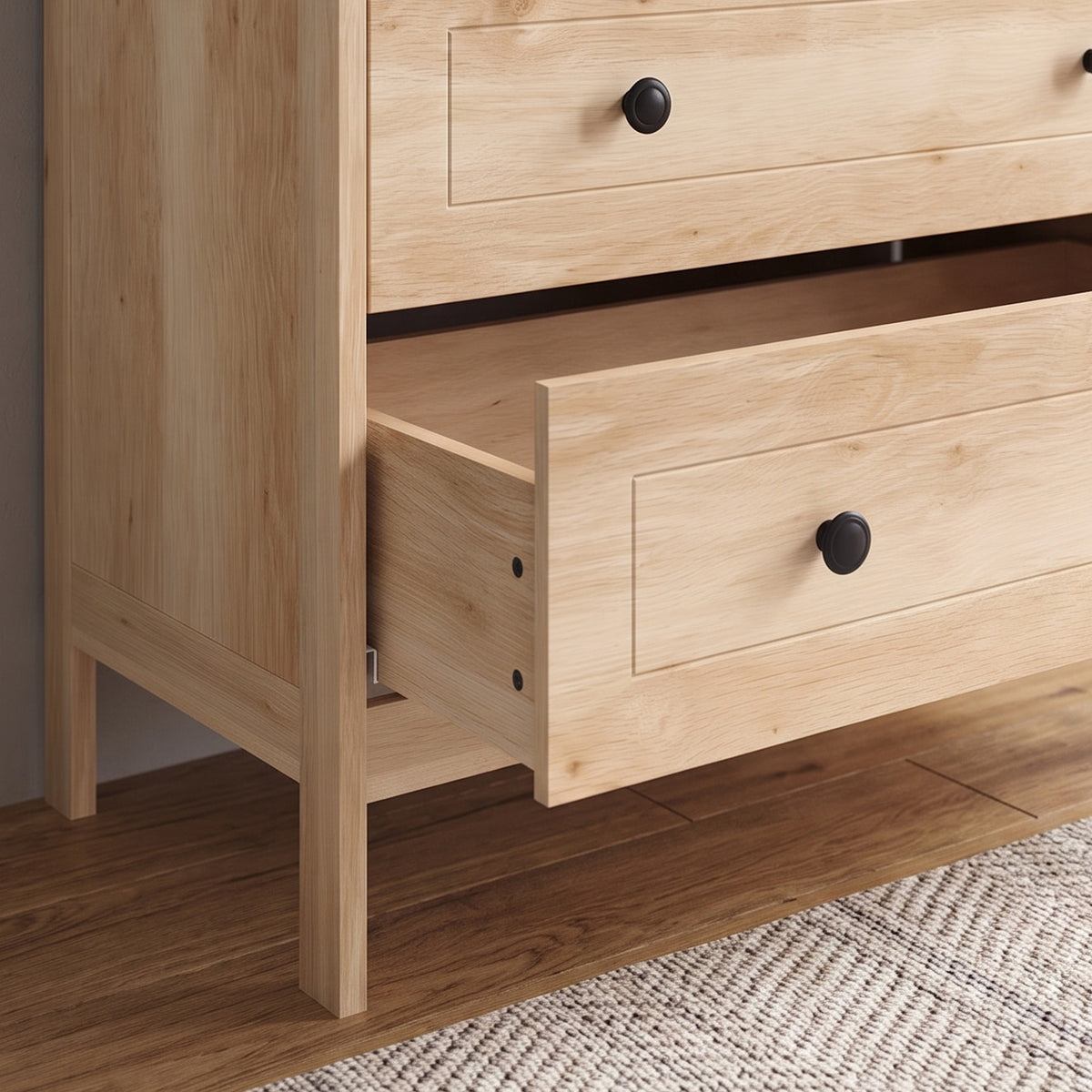 Commode meuble de rangement 5 tiroirs pour chambre, bureau, entrée, chêne et poignée métal noir-9