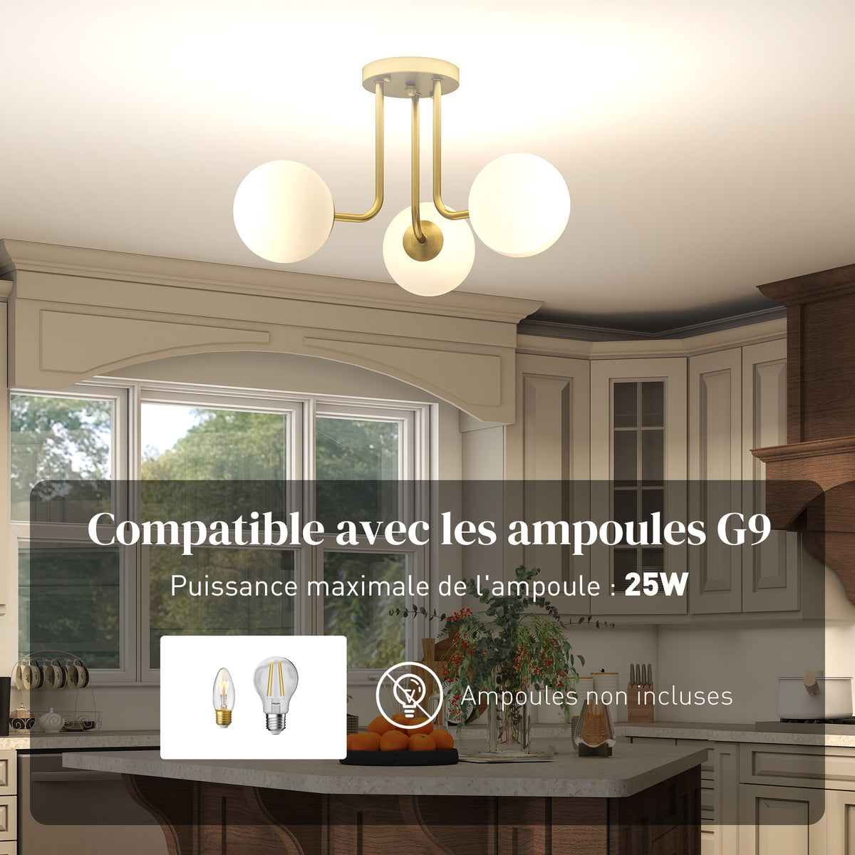 Plafonnier LED 25W, luminaire plafonnier 3 lumières avec douilles G9, abat-jour globe, 42 x 42 x 26,5 cm, doré-4