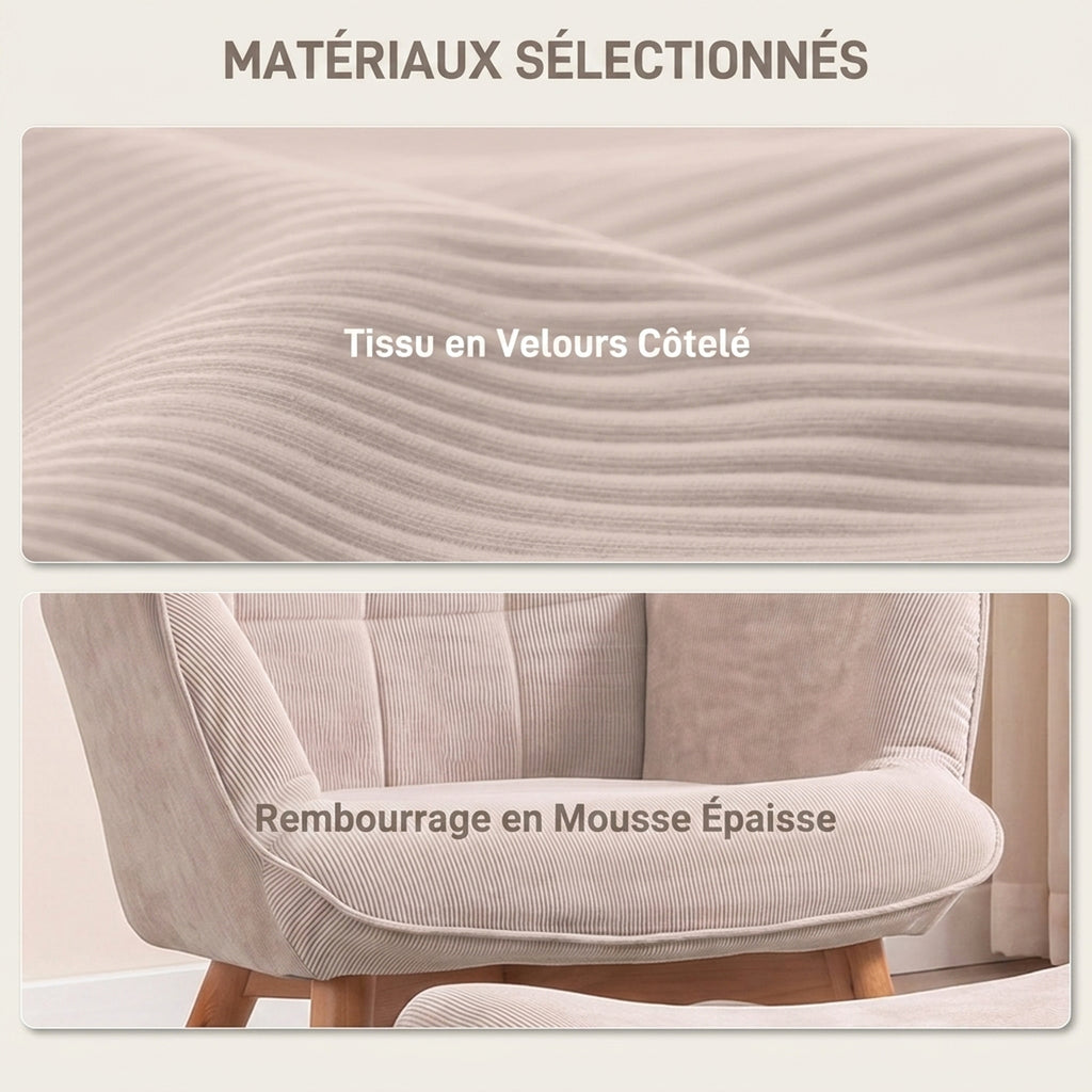 Fauteuil avec repose pied, dossier haut, pieds en bois et tissu aspect velours côtelé, pour salon chambre à coucher beige-3