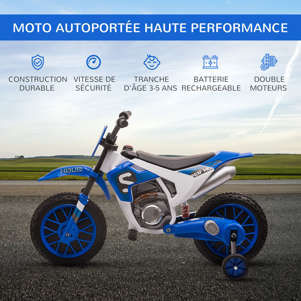Moto Cross électrique Enfant 3 à 6 Ans 12 V 3-8 Km/h avec roulettes latérales Amovibles dim. 106,5L x 51,5l x 68H cm Bleu-5