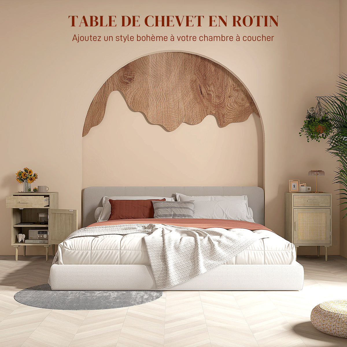 Table de chevet avec placard et étagère porte rotin tissé 1 tiroir design bohème - 40 x 40 x 68,5 cm naturel-3