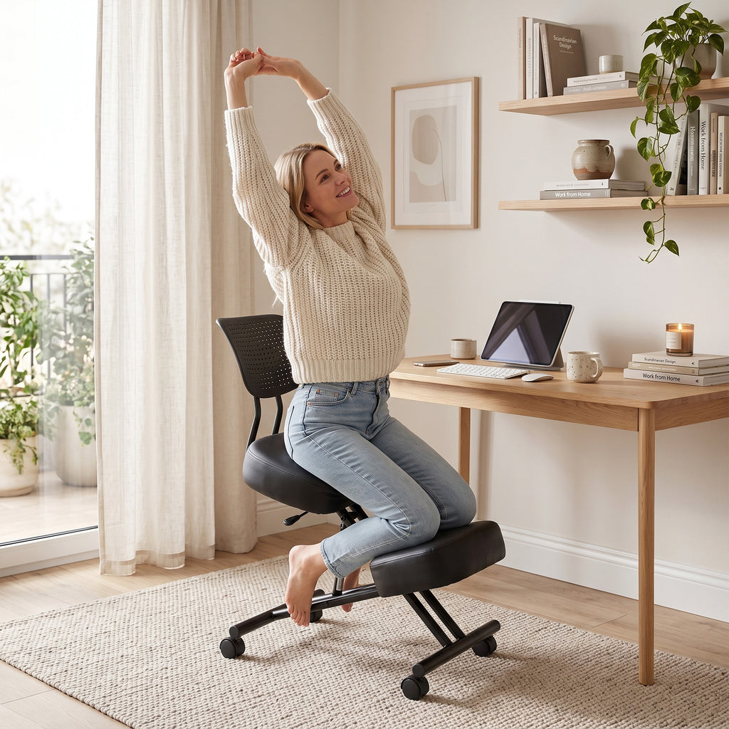 Chaise à Genoux Ergonomique avec Dossier, Siège Assis Genoux Réglable en PU sur Roulettes, Noir-9