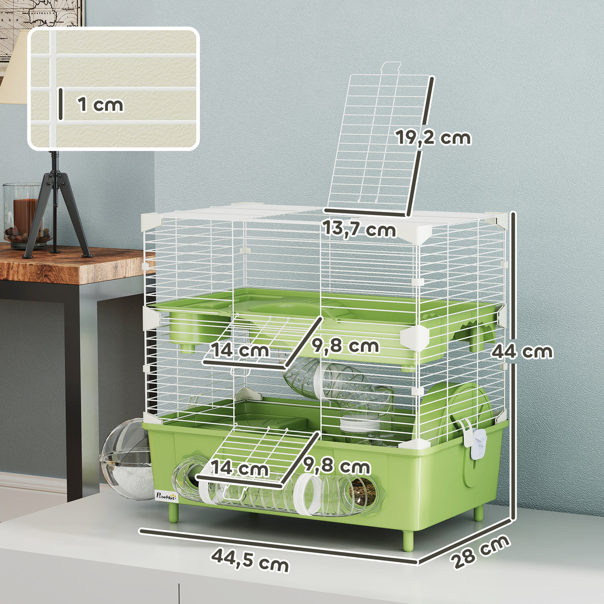 Cage pour hamster  à 2 niveaux avec roue de course salle de bain en sable pour hamster nain 44,5 x 28 x 44 cm vert-2