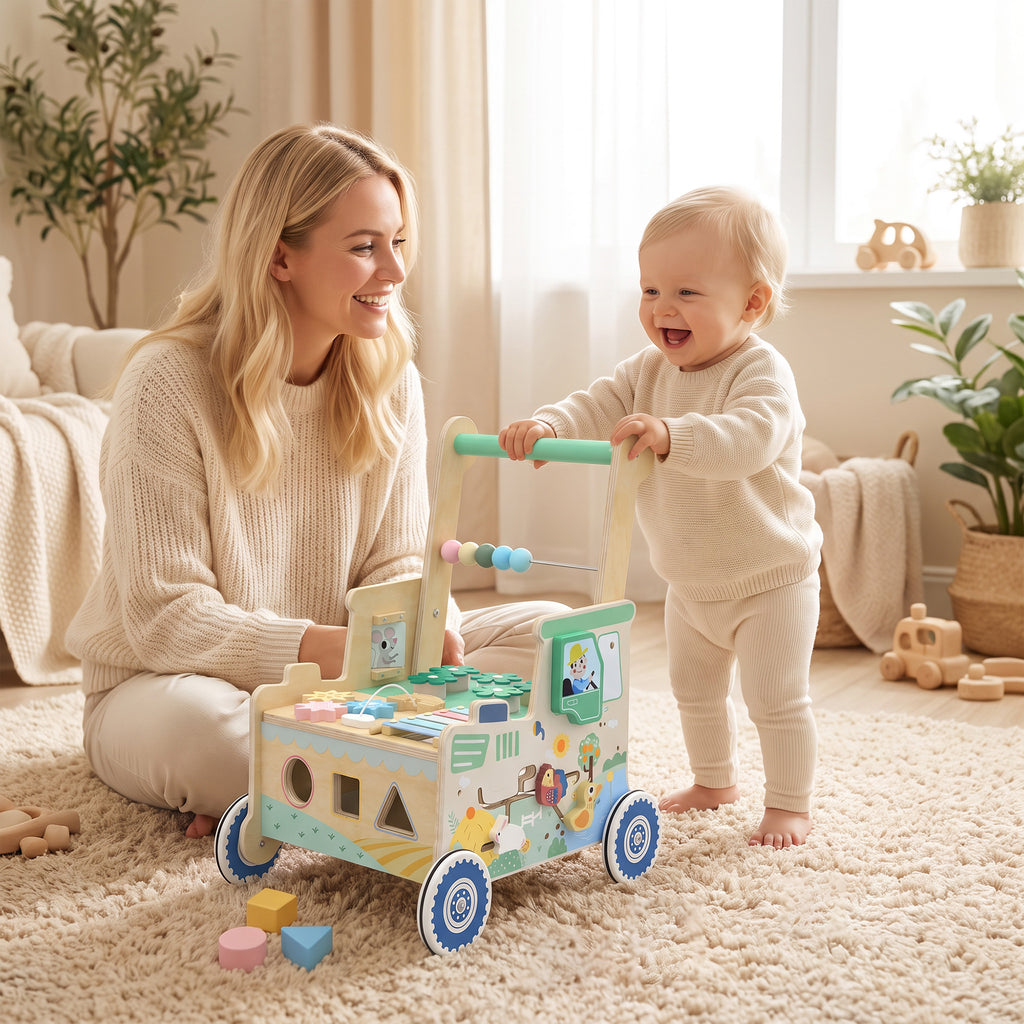 Trotteur Bebe en Bois, Chariot de Marche Bébé, Centre d'Activités, Espace de Rangement, Vert-9
