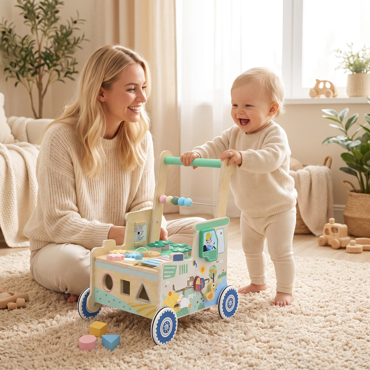 Trotteur Bebe en Bois, Chariot de Marche Bébé, Centre d'Activités, Espace de Rangement, Vert-9