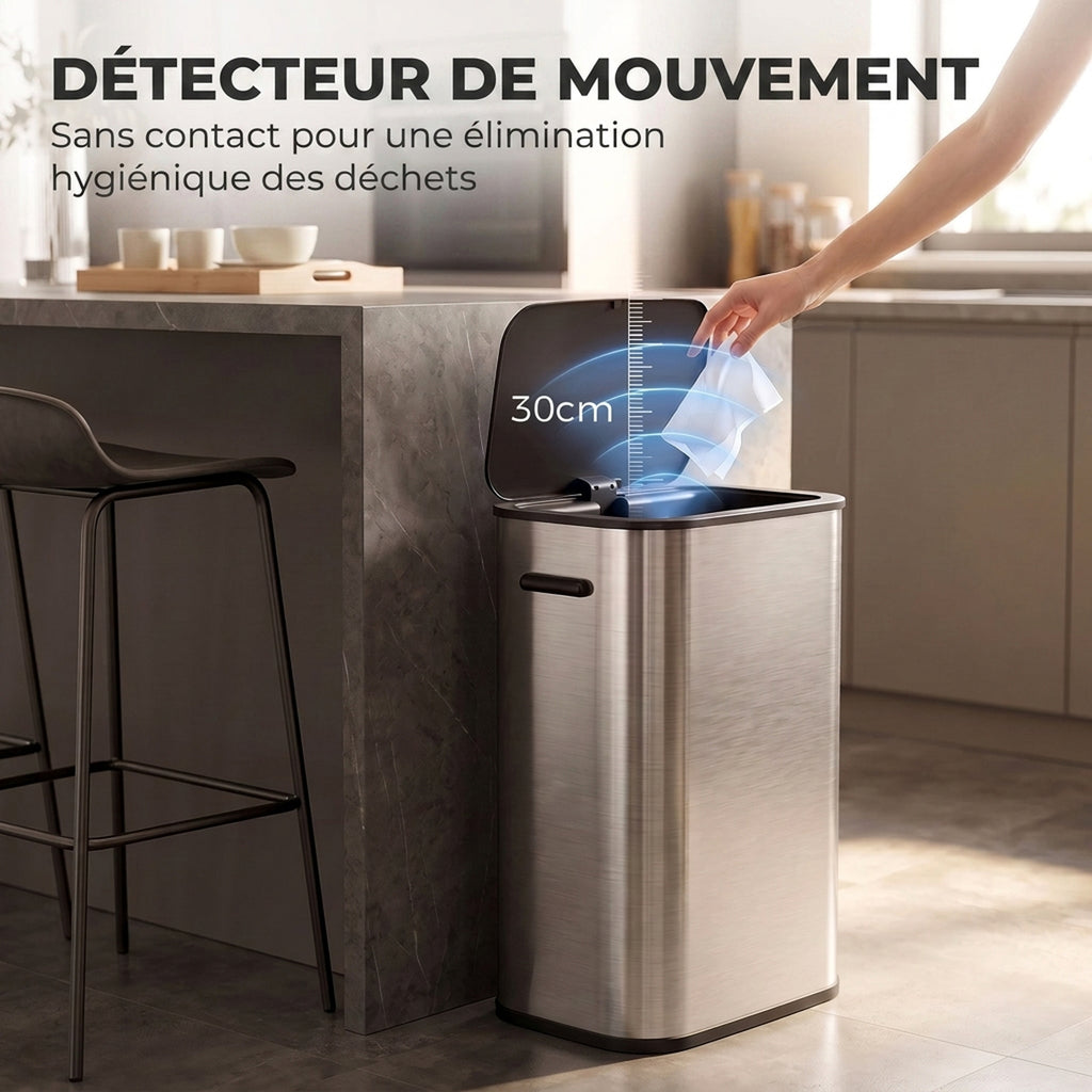 Poubelle de Cuisine Automatique 55L en Acier Inoxydable, Couvercle à Fermeture en Douceur, Fonctionne sur Piles, Argent-3