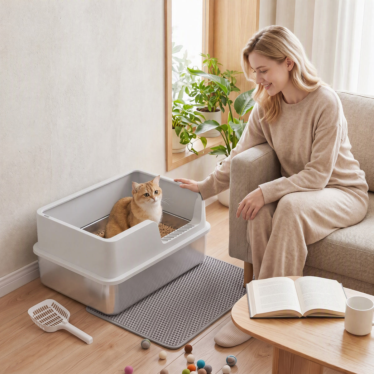 Bac Litière pour Chat en INOX Couvercle Bords Hauts Pelle et Tapis Anti-Adhérent Anti-Odeurs 60x40x30cm Gris Clair-8
