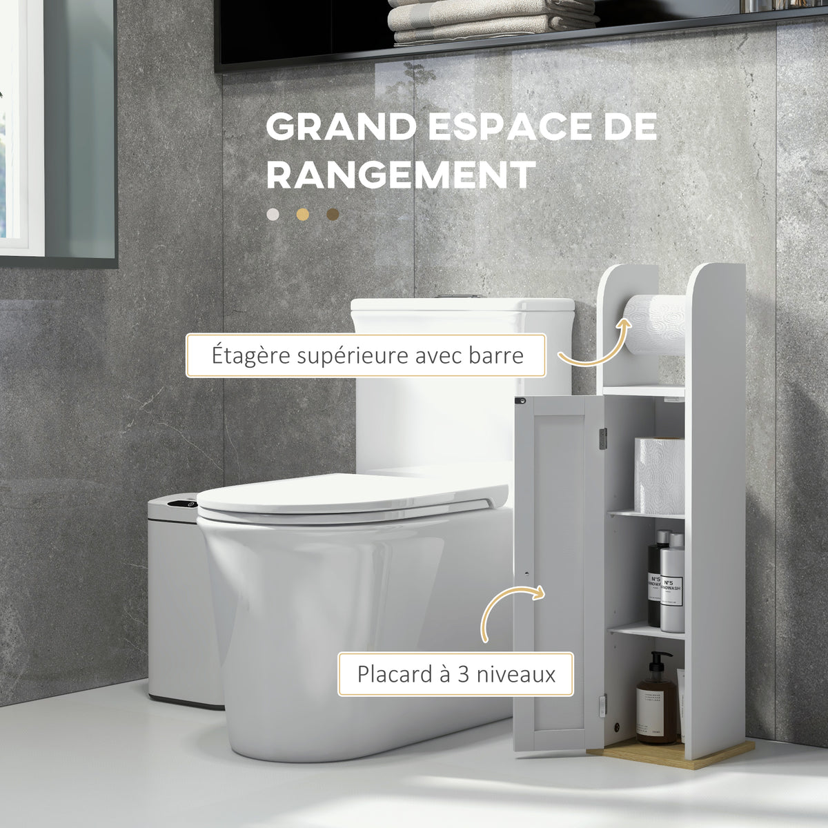 Meuble de salle de bain support papier toilette avec placard et étagères réglables 20 x 20 x 80 cm blanc-3