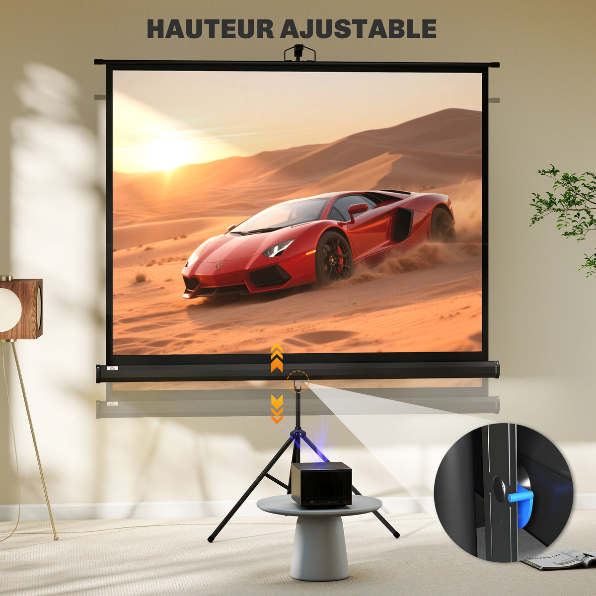 Écran de projection 84 pouces avec support trépied hauteur réglable, écran 4K HD 4:3, en intérieur/à l'extérieur-4