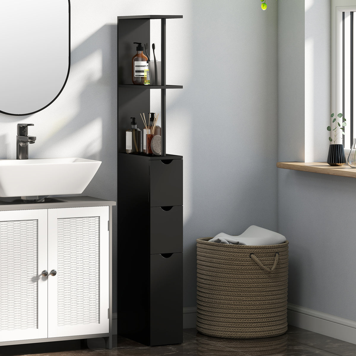 Meuble colonne salle de bain armoire de salle de bain avec tiroirs étagères ouvertes placard 15 x 33 x 136,8 cm noir-1