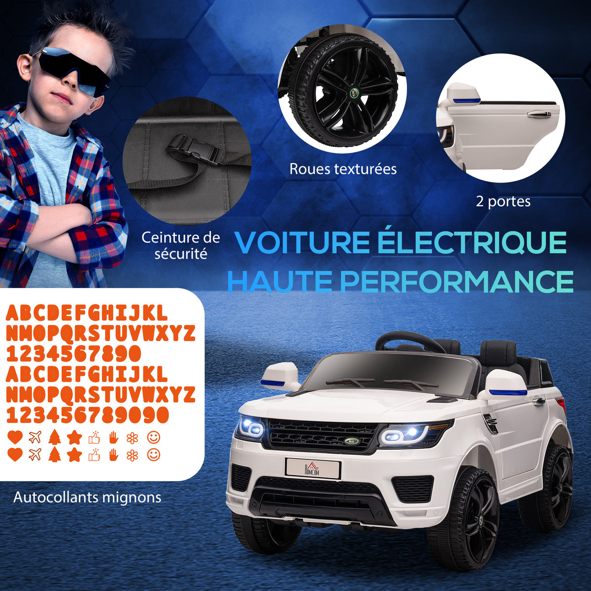 Voiture électrique enfants véhicule électrique 12 V, double moteurs, 3 à 5 km/h, blanc-3
