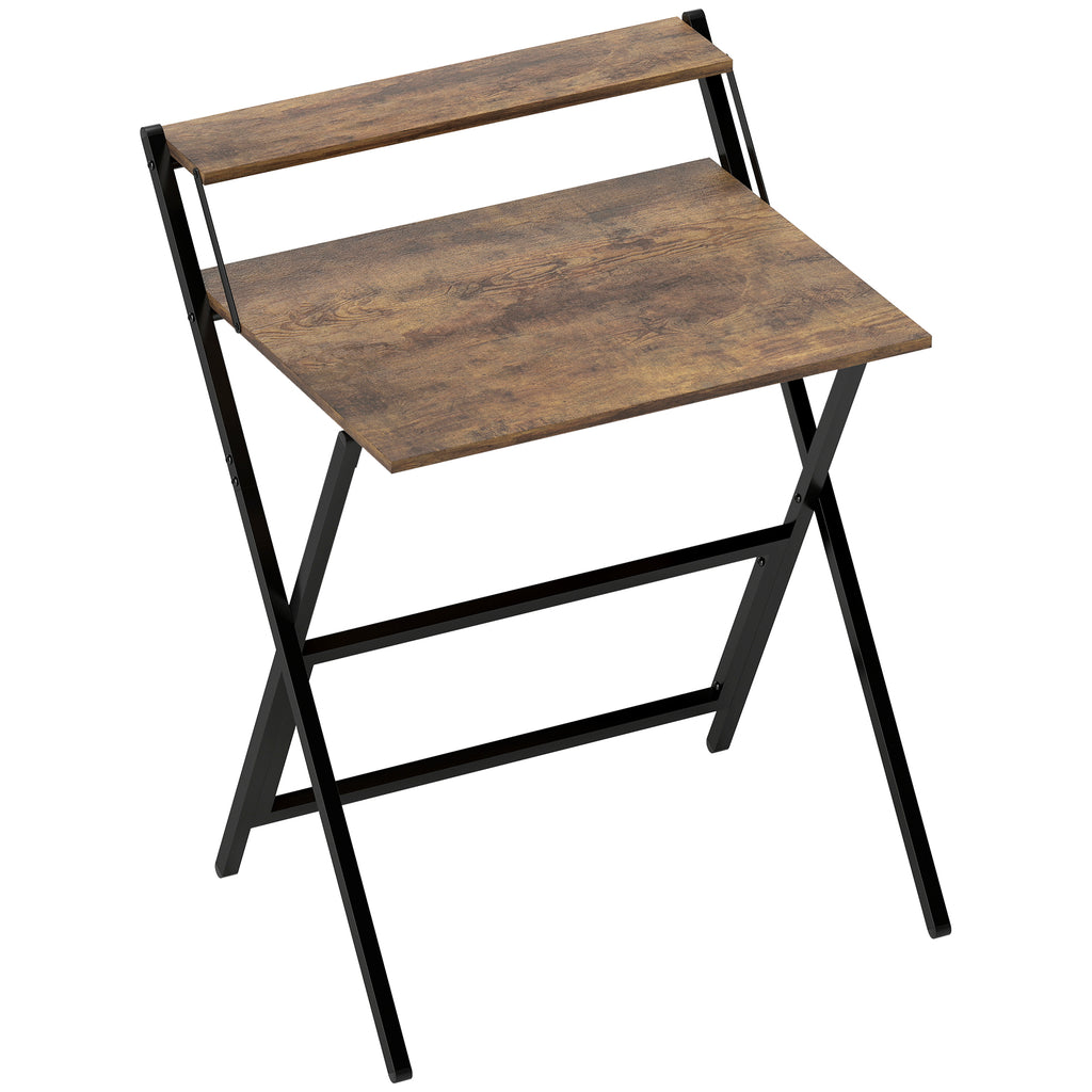 Bureau pliable 65,5 x 45 cm avec étagère de rangement pour chambre, petits espaces, brun rustique-0