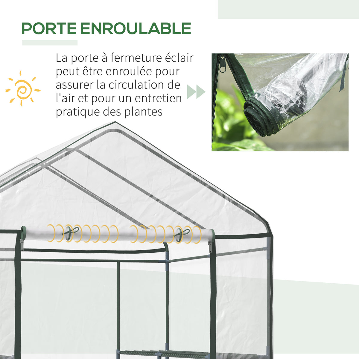 Serre de jardin avec étagères 3 niveaux, serre de balcon, châssis en acier, porte zippée enroulable, pour légumes plantes fleurs, intérieur et extérieur, 143x143x195cm, transparent-5