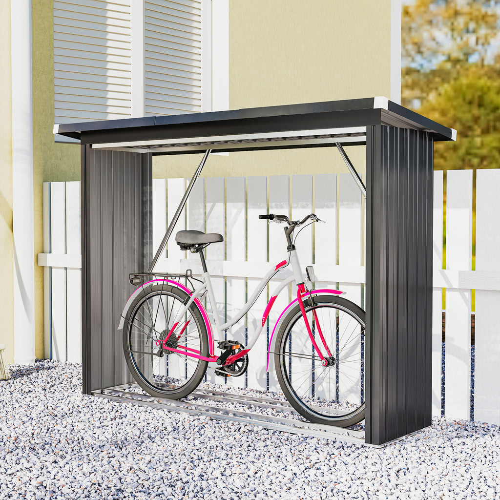 Abri-bûches couvert support pour bois de chauffage plancher surélevé toit incliné, acier galvanisé 213x66,5x150cm gris-6