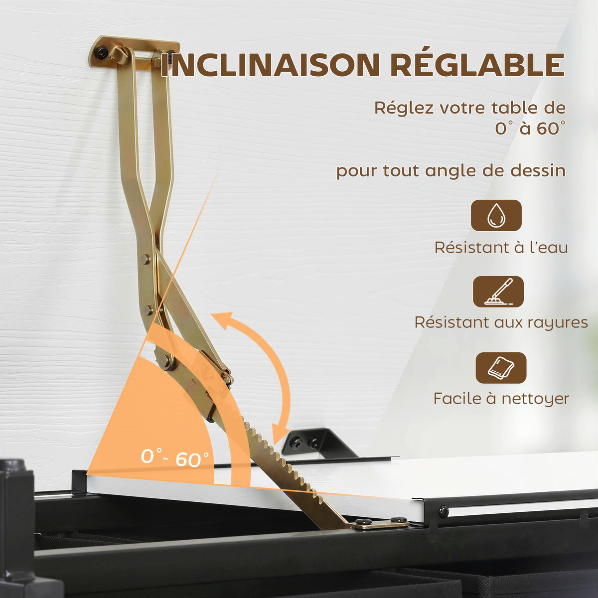 Table à dessin avec tabouret et 2 tiroirs, hauteur réglable, plateau inclinable 0° à 60°, 120 x 60 x 68-92 cm, blanc-3