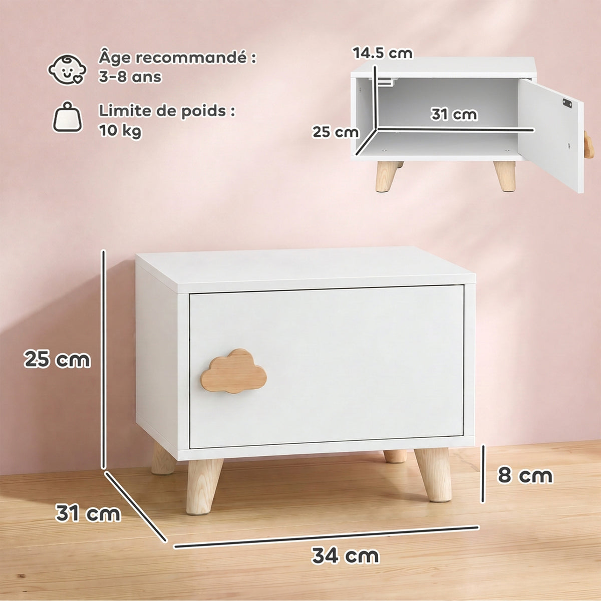 Table de Chevet Enfant avec Tiroir, Poignée en Forme de Nuage, pour Chambre d'Enfant, 34 x 31 x 25 cm, Blanc-2