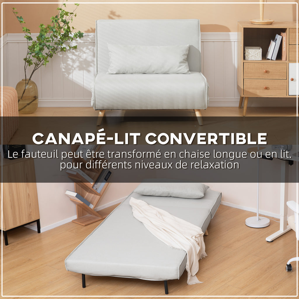 Canapé-lit 1 place avec dossier réglable, coussin inclus et pieds pliables charge 120 kg blanc-3