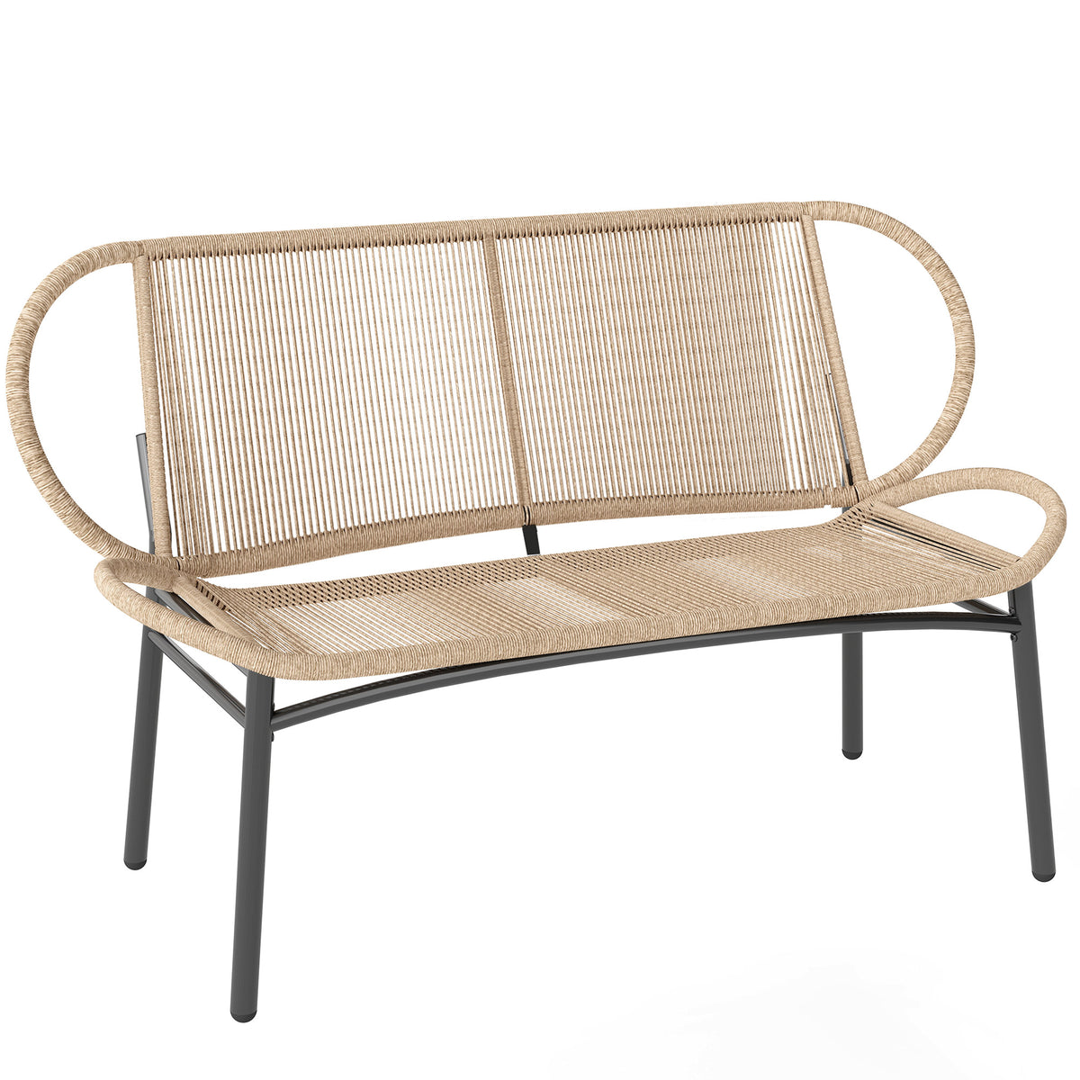 Banc de jardin 2 places, banc d'extérieur en résine tressée avec cadre en métal, résistant aux intempéries, naturel-0