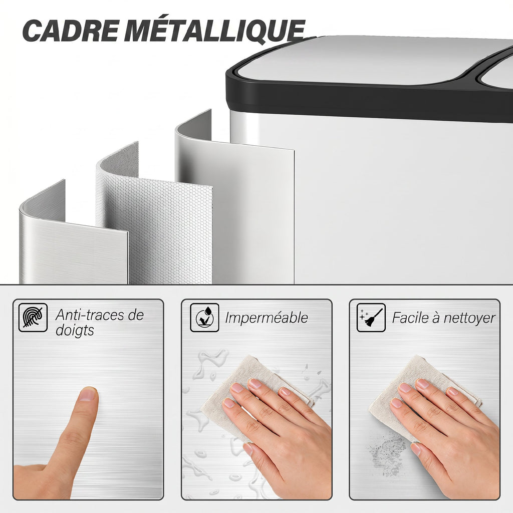 Poubelle de cuisine à double compartiment 2 x 30L avec pédale en acier inoxydable, couvercle à fermeture douce, argent-6