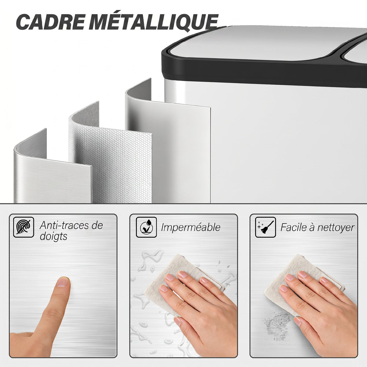 Poubelle de cuisine à double compartiment 2 x 30L avec pédale en acier inoxydable, couvercle à fermeture douce, argent-6