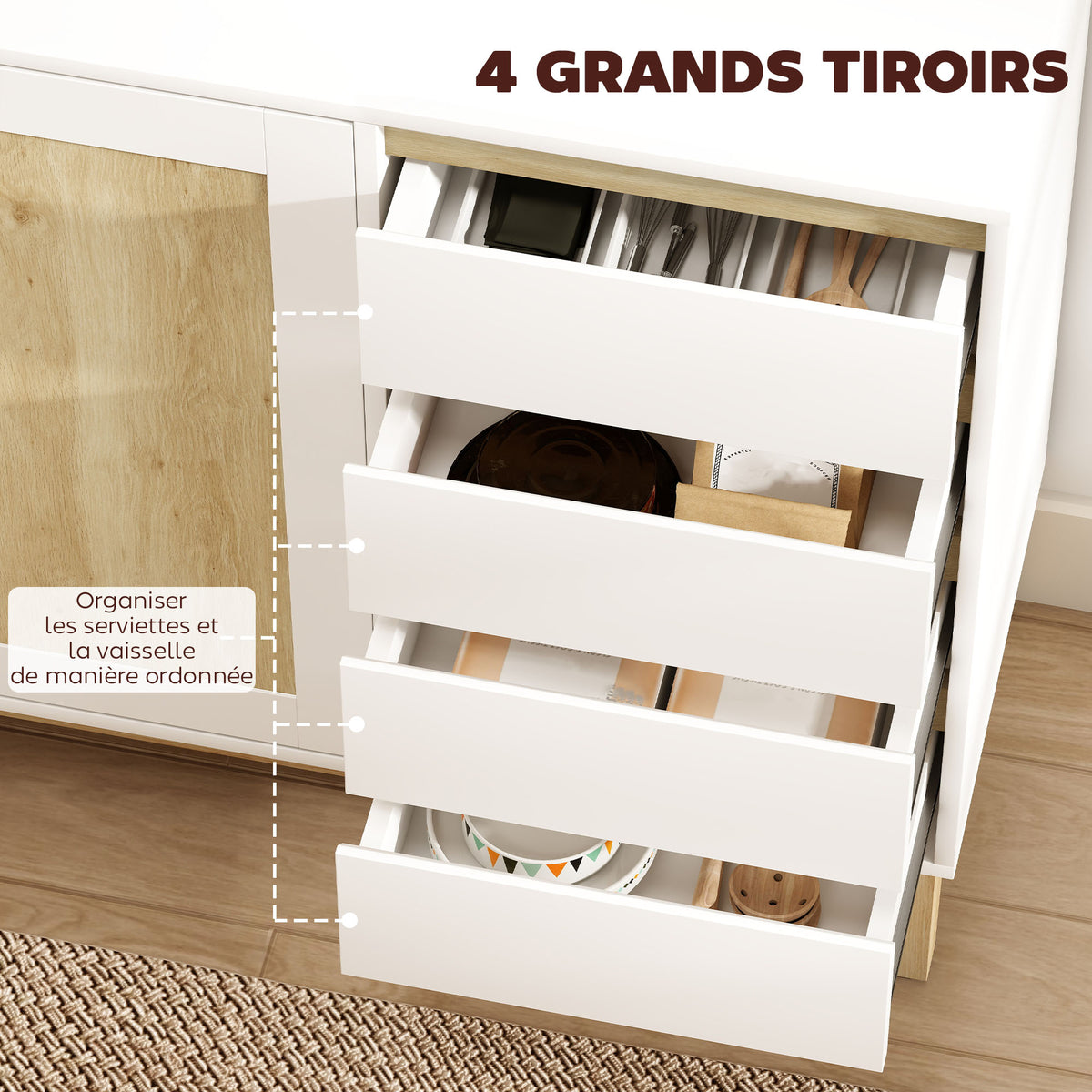 Buffet, meuble de rangement avec 2 portes et 4 tiroirs, étagère réglable, 120 x 40 x 86 cm, blanc et chêne-4
