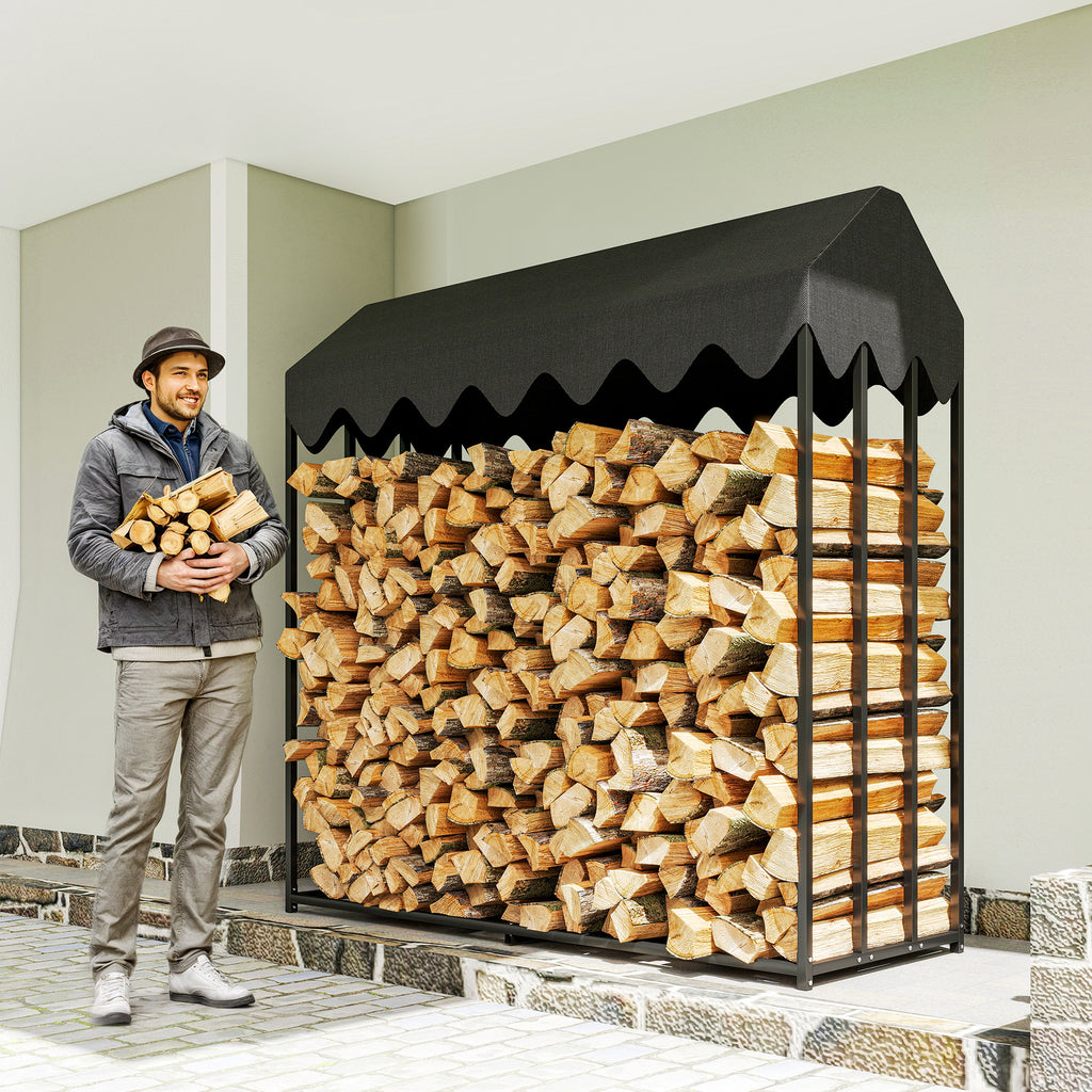 Range bûches extérieur, étagère à bûches avec housse de protection 600D Oxford capacité 1,9 m³, acier 186x70x185cm noir-1