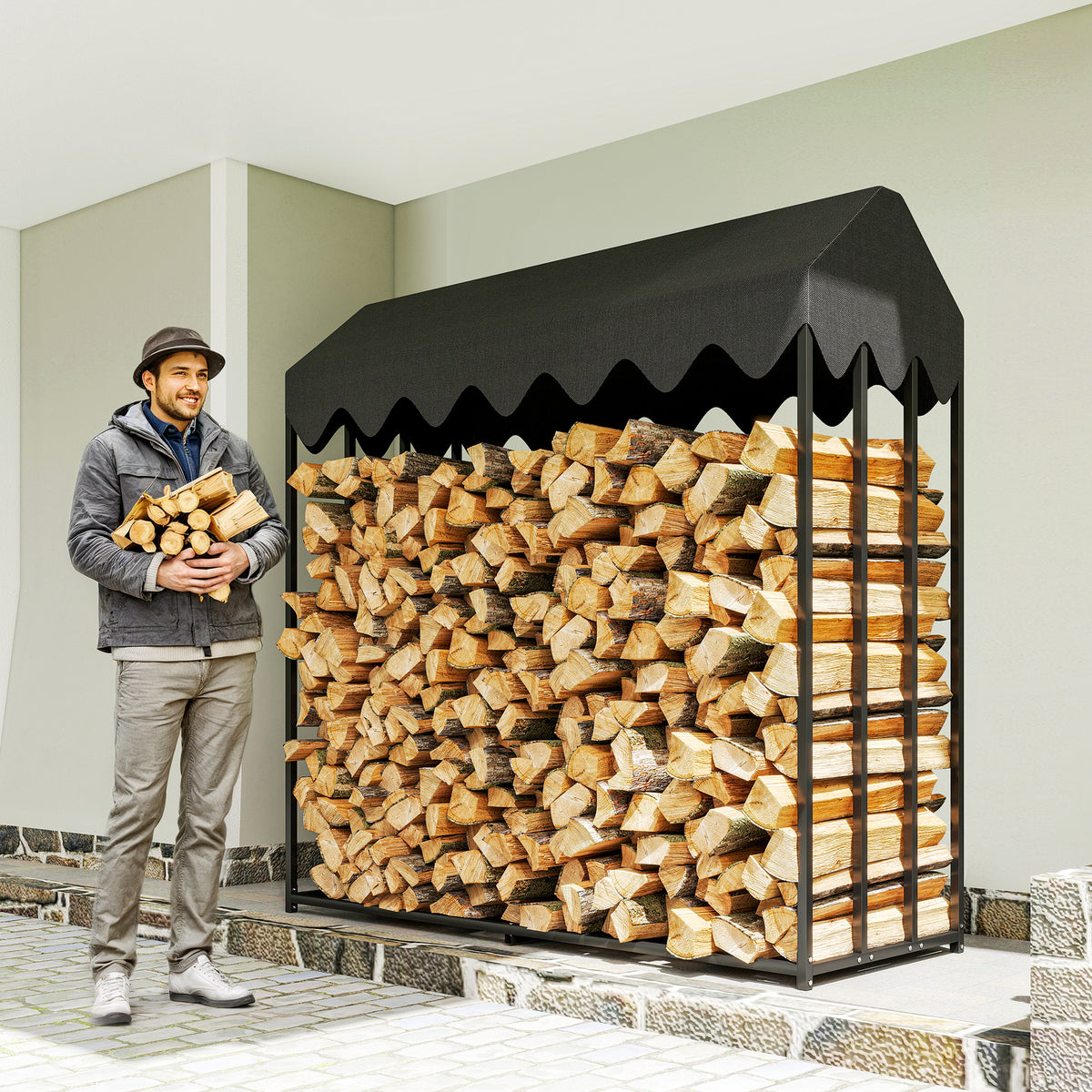 Range bûches extérieur, étagère à bûches avec housse de protection 600D Oxford capacité 1,9 m³, acier 186x70x185cm noir-1