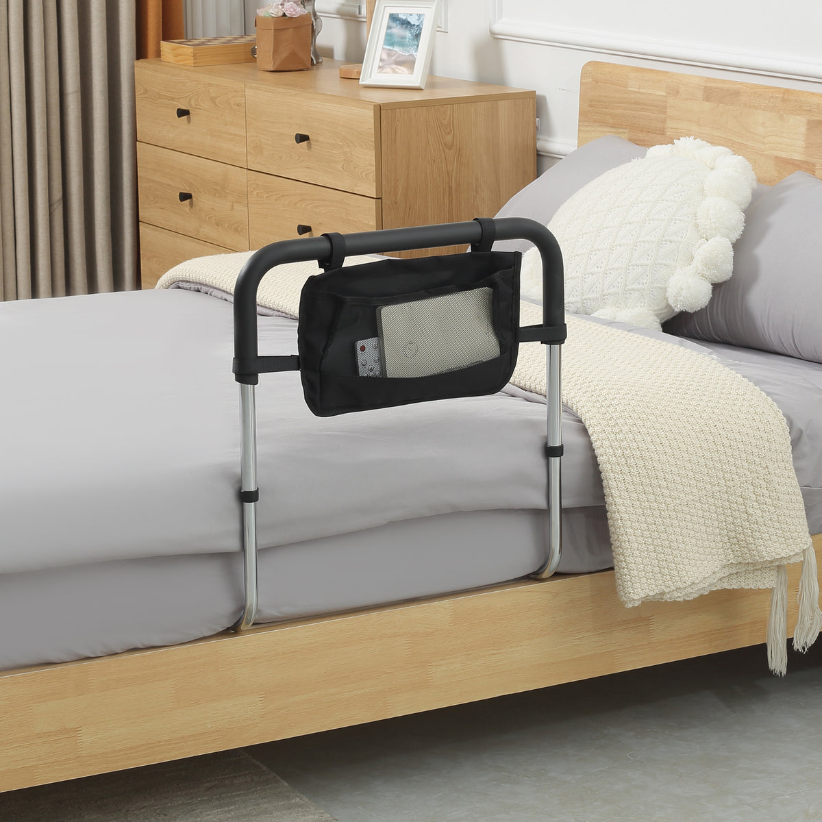 Barre d'appui lit barrière sécurisée protection poignée réglable 5 hauteurs pochette rangement 87Lx51,5lx45-55H cm-1