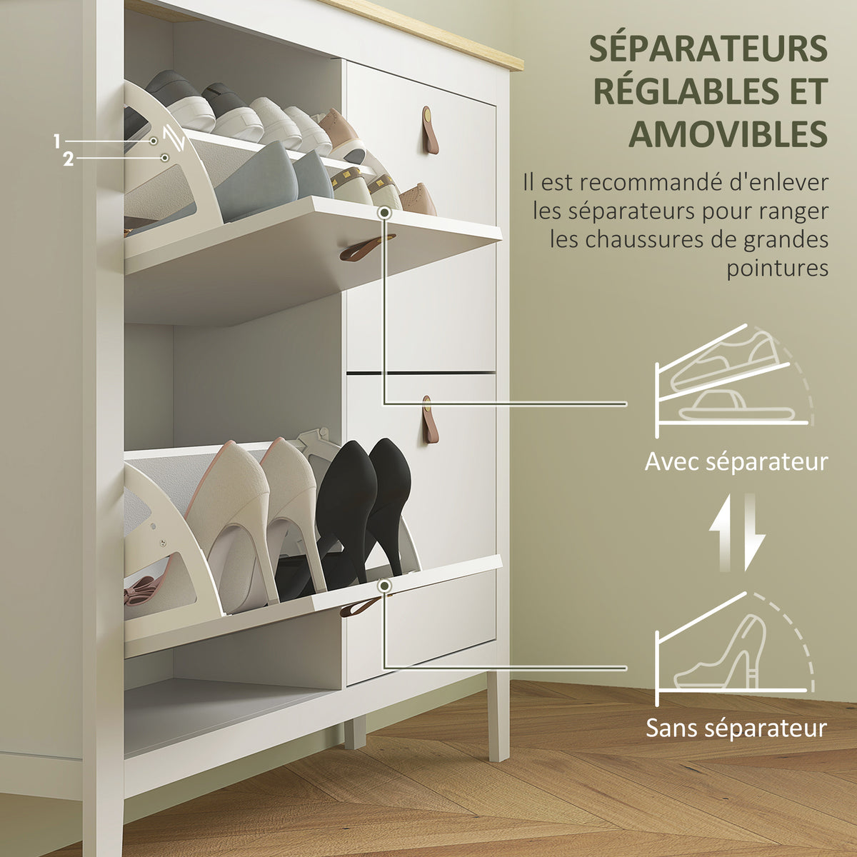 Meuble à chaussures 20 paires avec 4 tiroirs, portes rabattables, étagères amovibles et réglables, blanc-4