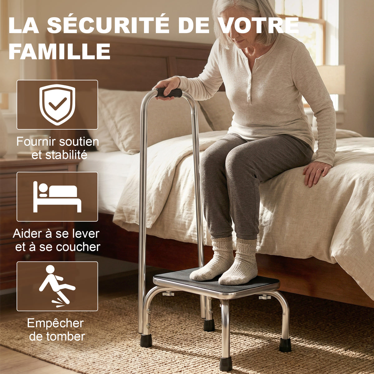 Marche avec Barre d'appui - marchepied de sécurité - Plateforme & Patins antidérapants - Acier galvanisé, gris et noir-3