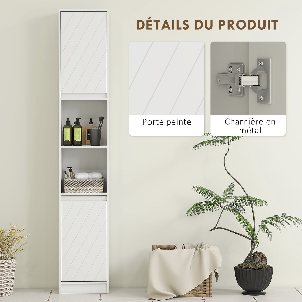 Meuble colonne salle de bain, meuble de rangement avec 2 portes, 2 compartiments ouverts, , 30 x 24 x 170 cm, blanc-4
