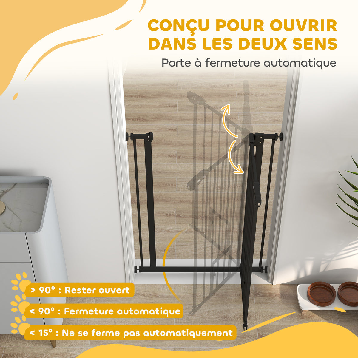 Barrière de sécurité animaux de 104H cm conception haute avec porte chat fermeture automatique système de double verrouillage sans percage de 74 à 80 cm acier noir-4