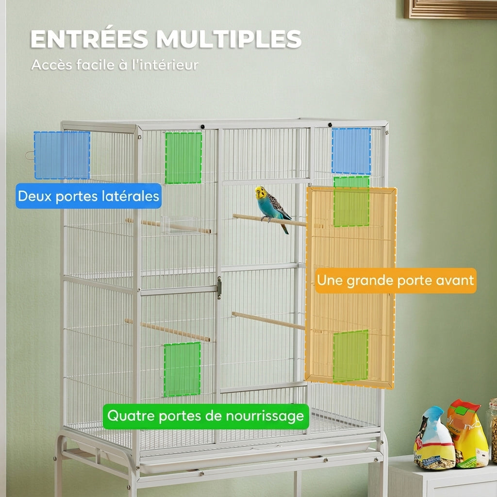 Cage à Oiseaux Portable avec 4 Mangeoires et 4 Perchoirs Pratique 81 x 48 x 162,5 cm Blanc-4