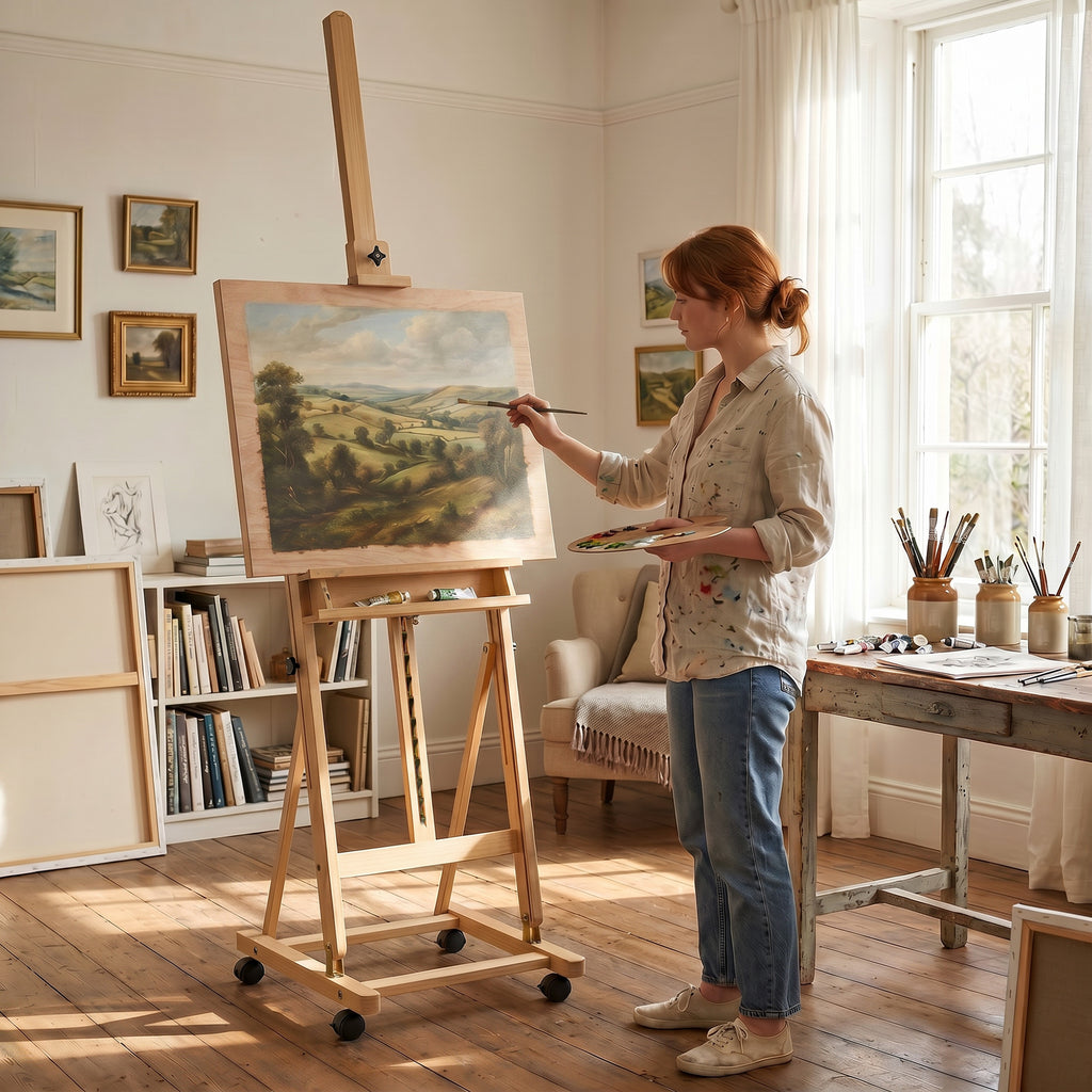 Chevalet d'artiste sur roulettes pliable en bois de hêtre pour toiles à peindre jusqu'à 118 cm bois naturel-9