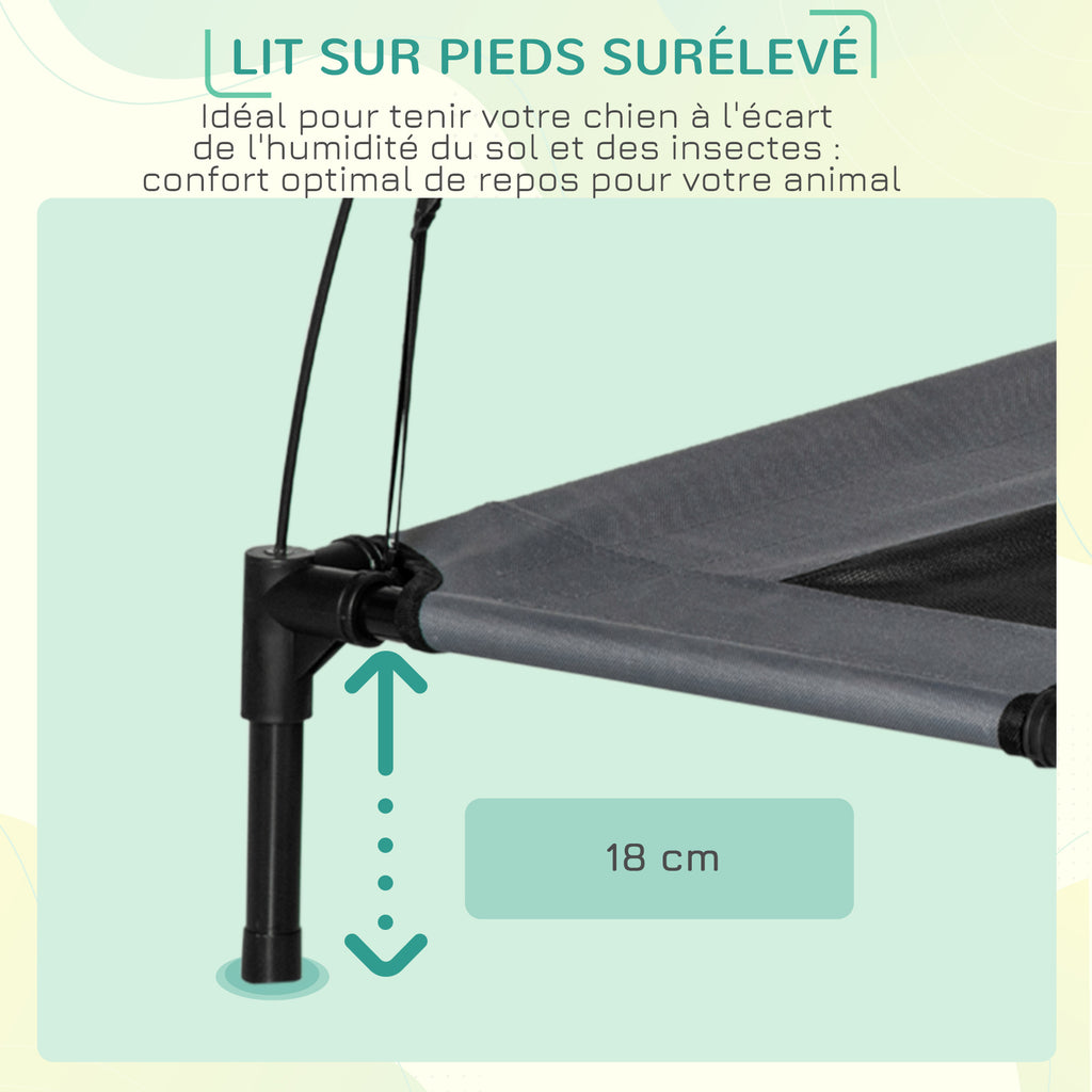 Lit pour chien chat sur pieds grand confort velum anti-UV tissu oxford micro-perforé + parasol + sac de transport inclus dim. 92L x 76l x 90H cm gris noir-6