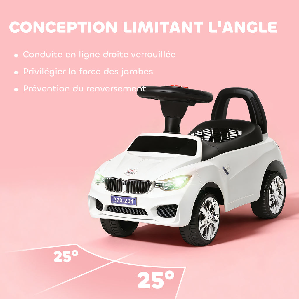 Porteur enfants voiture, véhicule à pousser avec coffre à jouets, klaxon, phares et musique, 63,5 x 28 x 36 cm, blanc-6