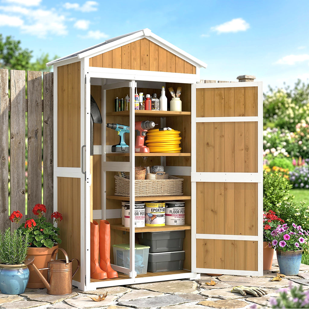 Armoire de Jardin Abri de Jardin Étanche avec Toit en Métal Double Porte pour Outils de Jardinage 105x55x179cm Naturel-1