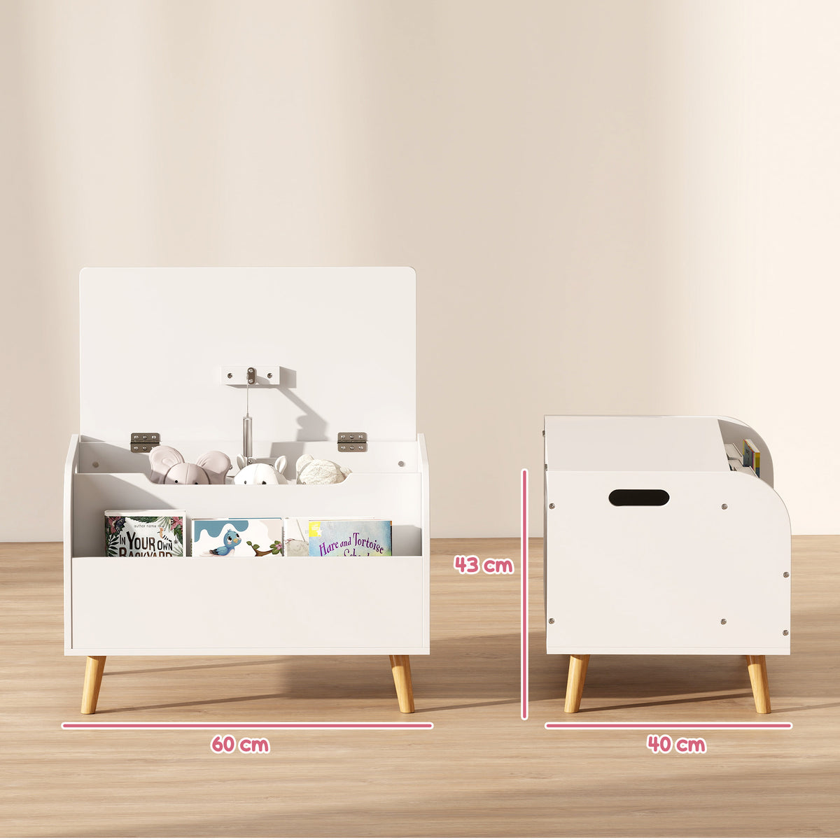 Coffre à jouet enfant, coffre de rangement enfant, couvercle rabattable et compartiment ouvert, 60x40x43cm, blanc-2