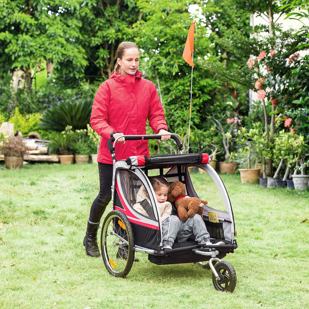 Remorque vélo pour enfant 2 en 1 convertible jogger poussette capacité 26,4 kg avec réflecteurs et drapeau - 2 places  - rouge-9