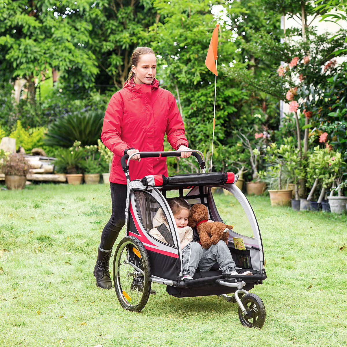 Remorque vélo pour enfant 2 en 1 convertible jogger poussette capacité 26,4 kg avec réflecteurs et drapeau - 2 places  - rouge-9