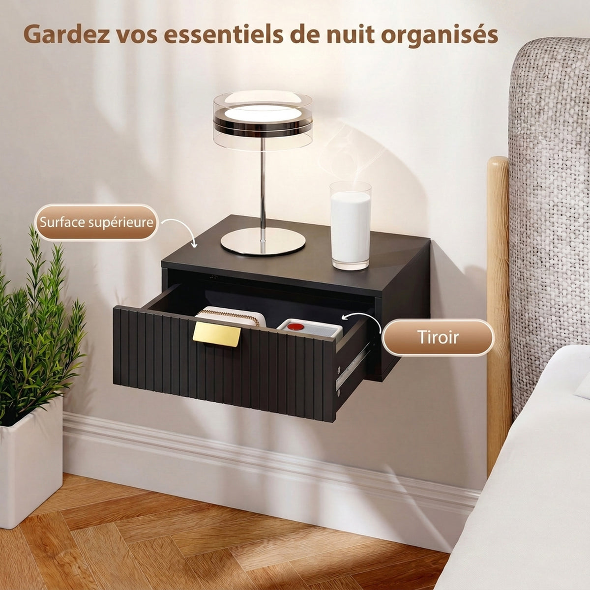 Lot de 2 Tables de Chevet Murales, Tables de Nuit Suspendues avec Tiroir Ondulé, 40 x 30 x 15 cm, Noir-4