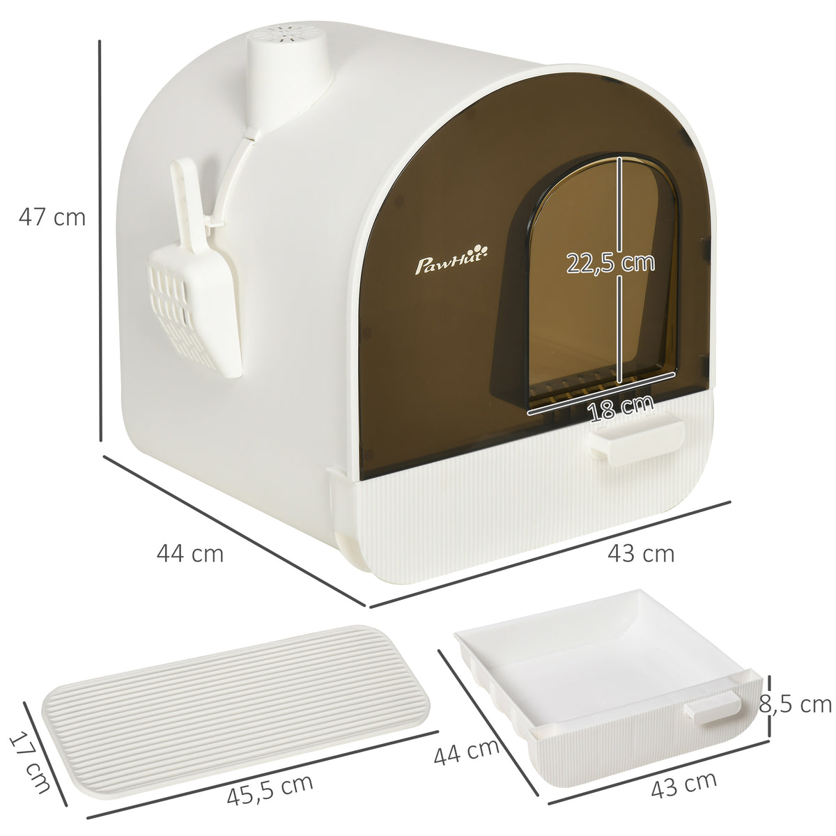 Maison de toilette pour chat avec tiroir amovible, bac à litière fermé avec tapis anti-trace, pelle, filtre anti-odeur et porte battante, nettoyage facile, 43 x 44 x 47 cm, blanc-2
